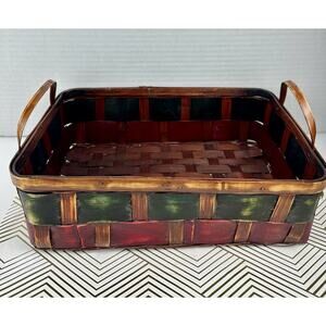 Vintage Handwoven Wooden Basket – Red & Green Rustic Storage Décor – 20” Long
